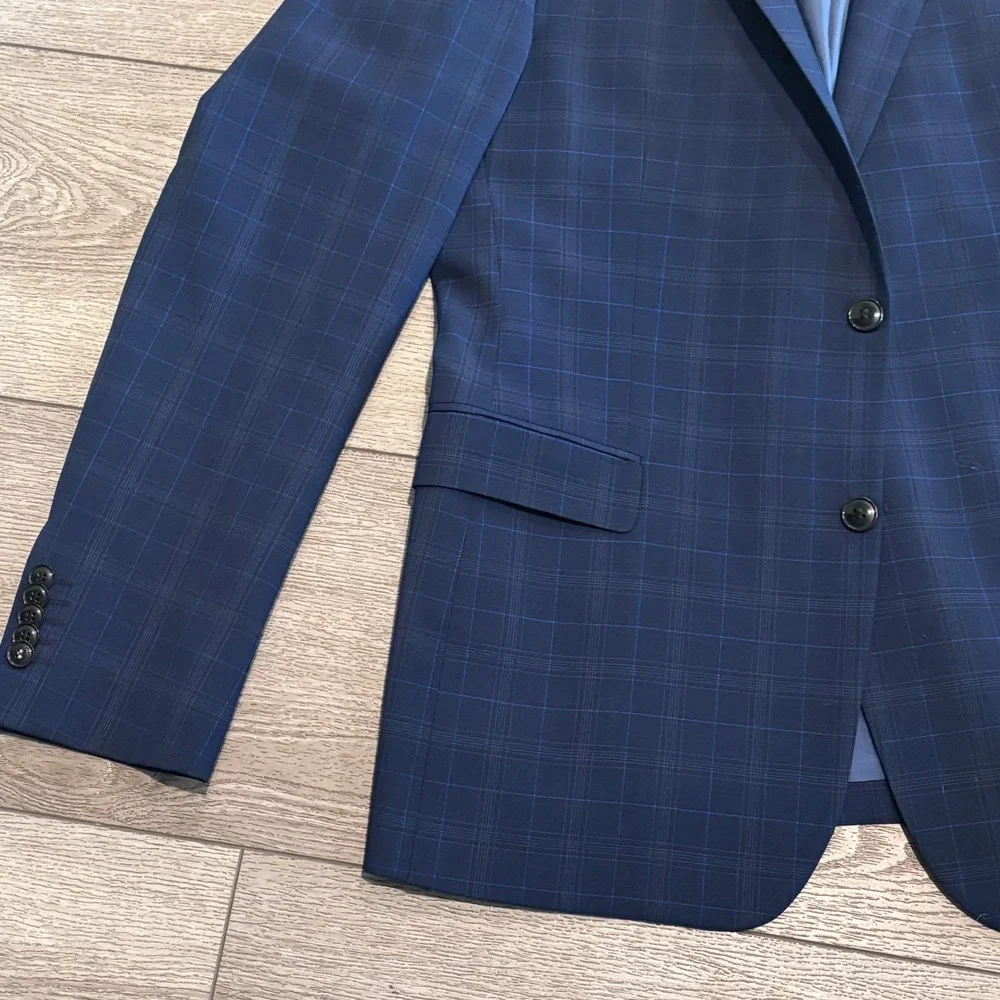 Strellson Blazer Mens Navy Blue Plaid Stretch Tailored Sport Coat‎ Jacket